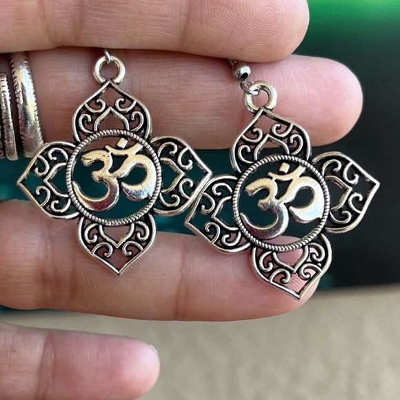π΄om sign earrings silver plated charms & stainless steel hooks nickel free boho - Picture 3 of 12